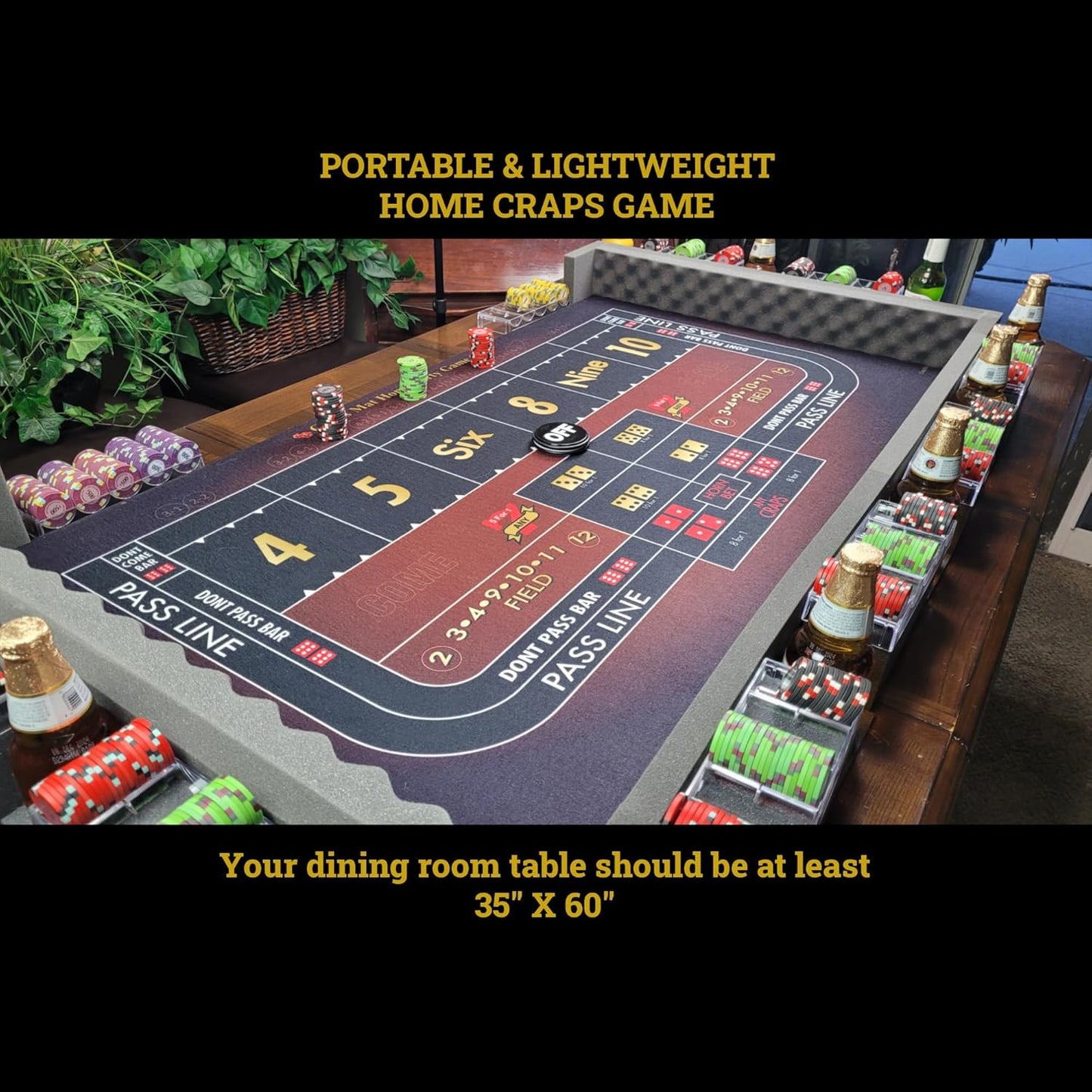Premium Craps Tabletop Mat w/ Walls + Chips - 52 x 28 inches