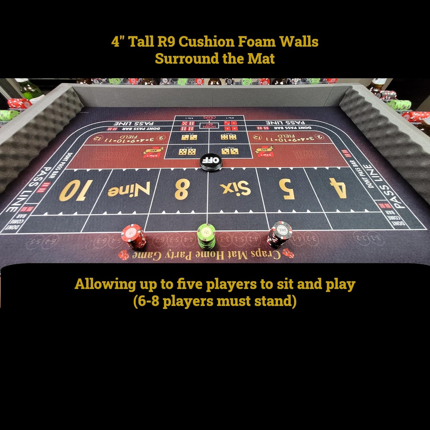 Premium Craps Tabletop Mat w/ Walls + Chips - 52 x 28 inches